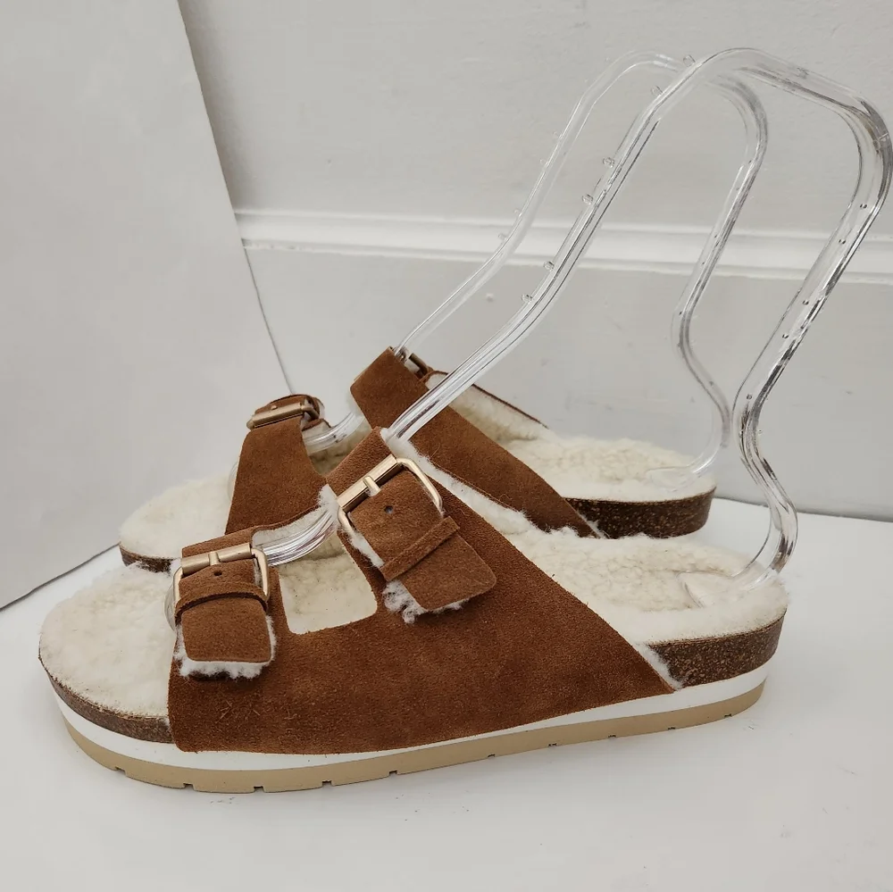 Boden tan suede faux fur cozy slippers footbed sandals slide women size 41